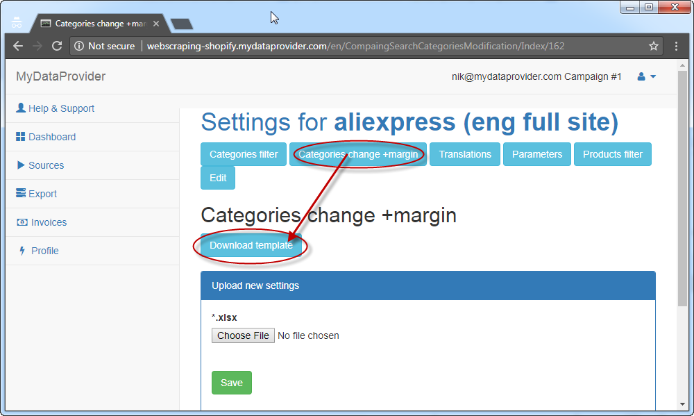 How to download template file for custom margin at web scraping service