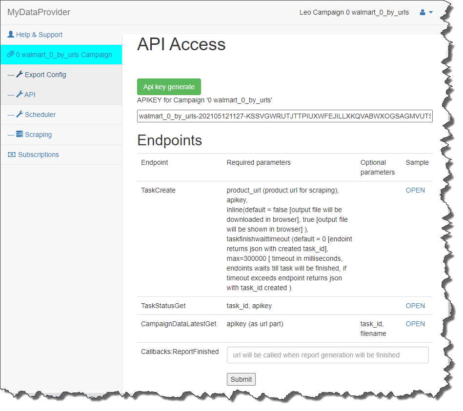 API لخدمة تجريف الويب